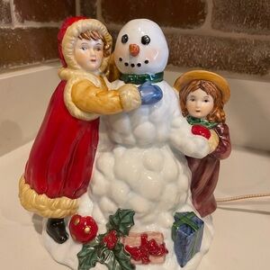 Vintage Festive Snowman Figurine with Children - Red, White, Blue